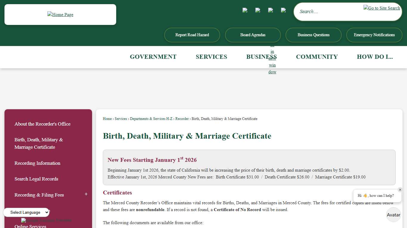 Birth, Death, Military & Marriage Certificate Merced County, CA - Official Website
